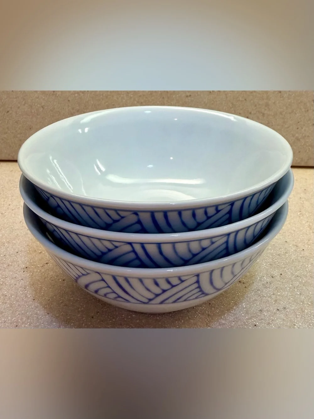Blue Wave Geometric Pattern Porcelain Serving Rice Bowls - Set of 3 White w/Blue